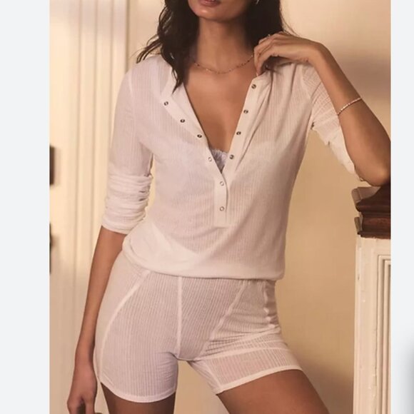 By Anthropologie Ribbed Pajama Set – White – Henley Top + Shorts (NWOT) - small - Picture 1 of 12